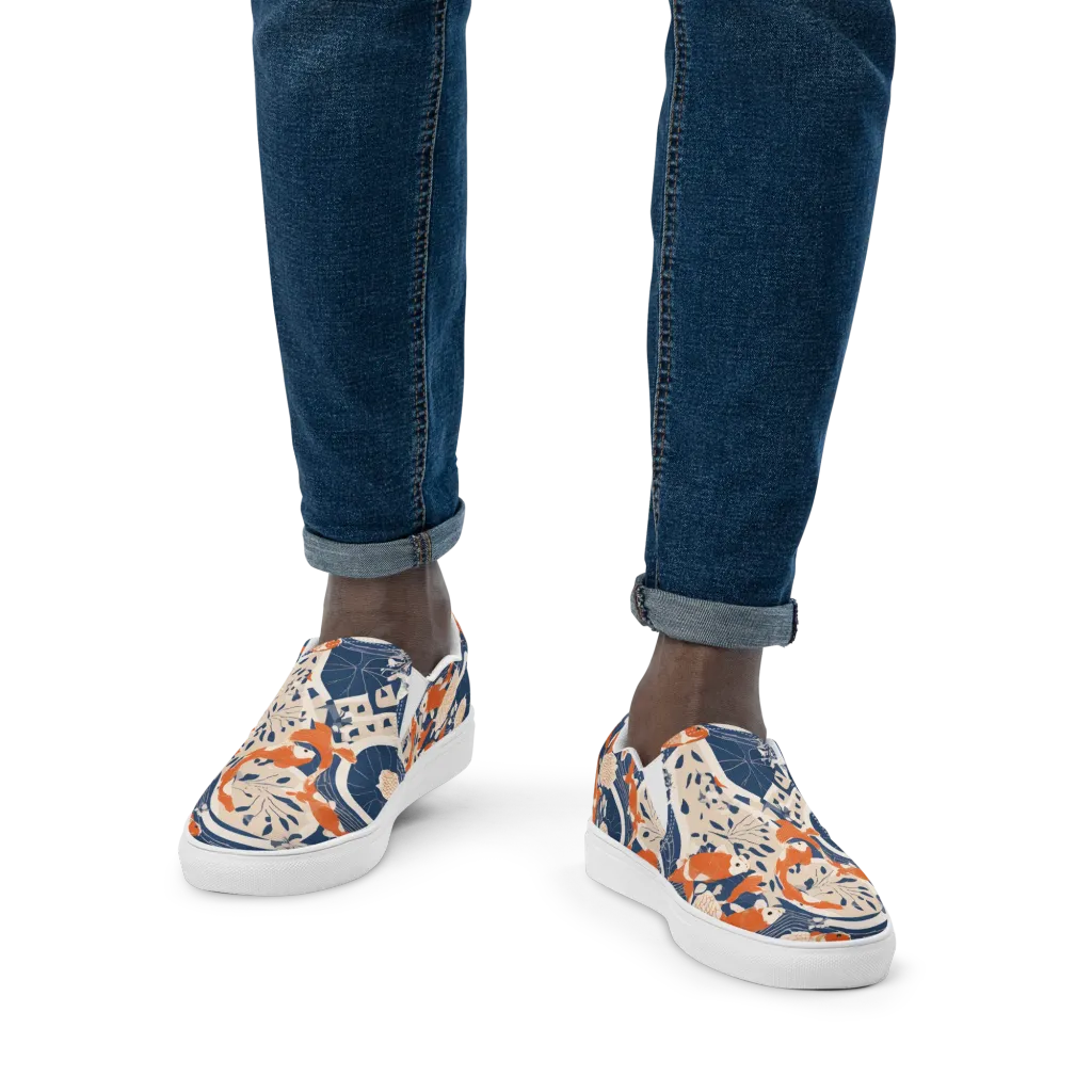 Indigo Koi Garden on Men's Slip-On Canvas Shoes — Front
