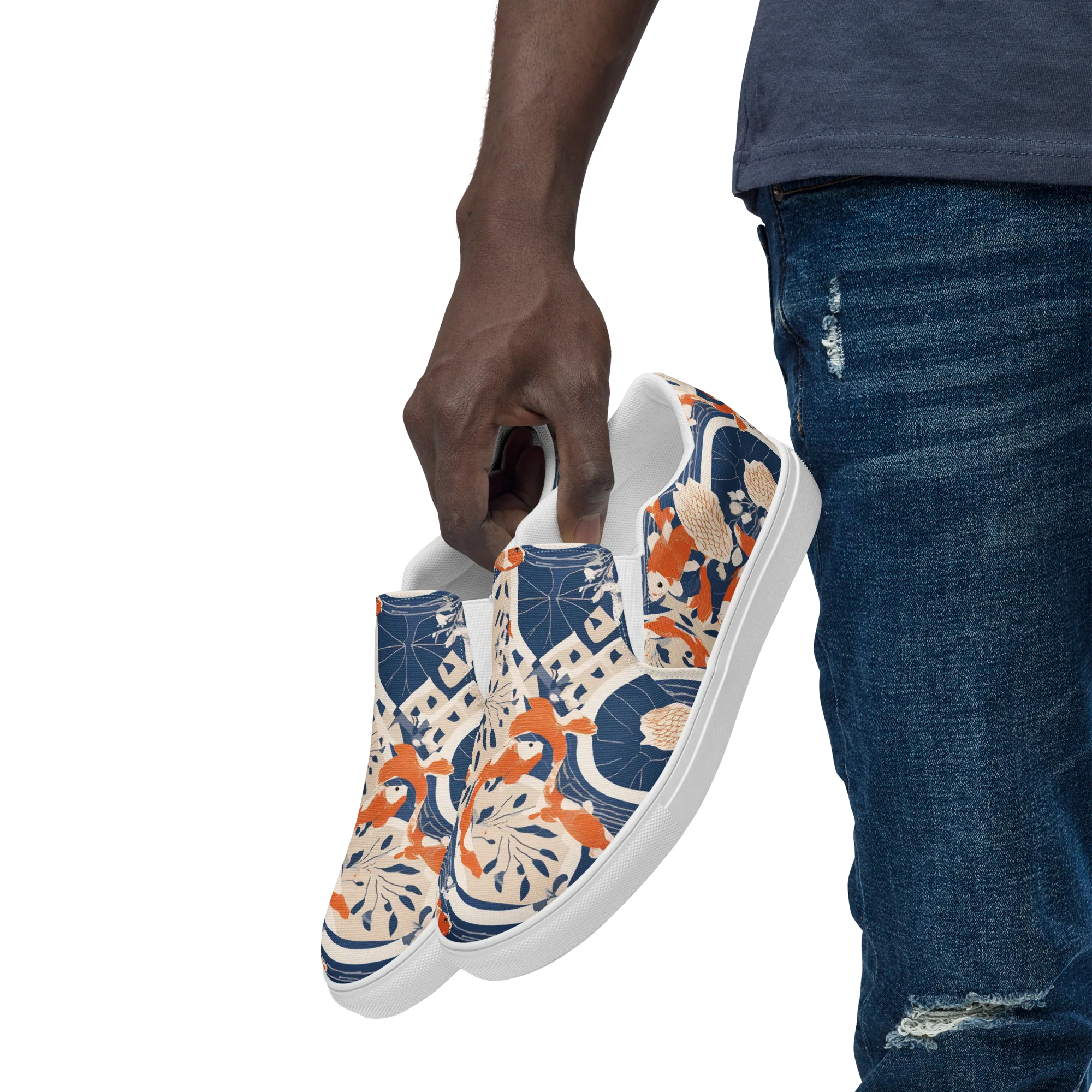 Indigo Koi Garden on Men's Slip-On Canvas Shoes — Left Front