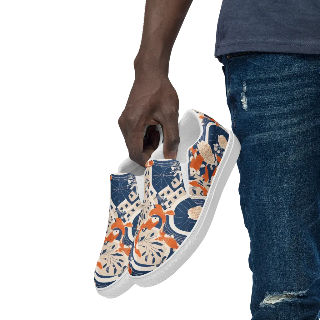 Indigo Koi Garden on Men's Slip-On Canvas Shoes — Left Front
