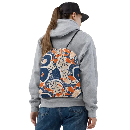 Indigo Koi Garden on a Drawstring Bag
