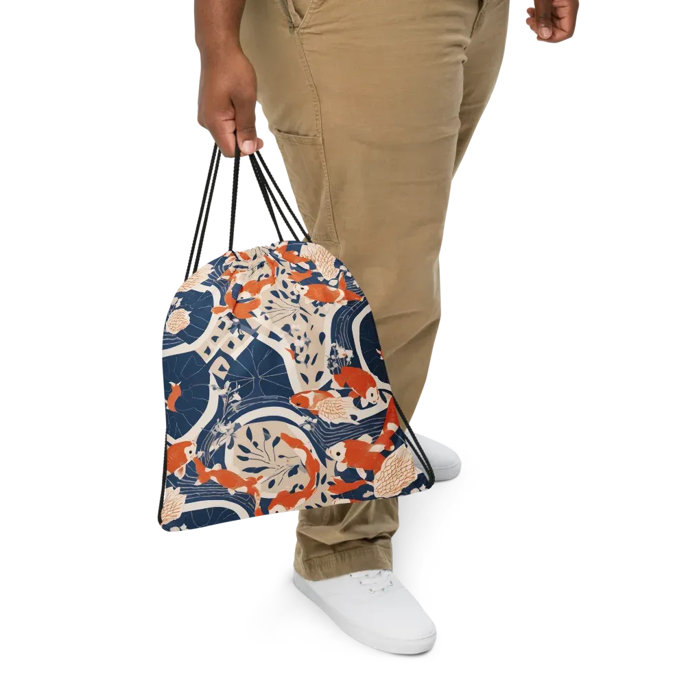 Indigo Koi Garden on Drawstring Bag — Front