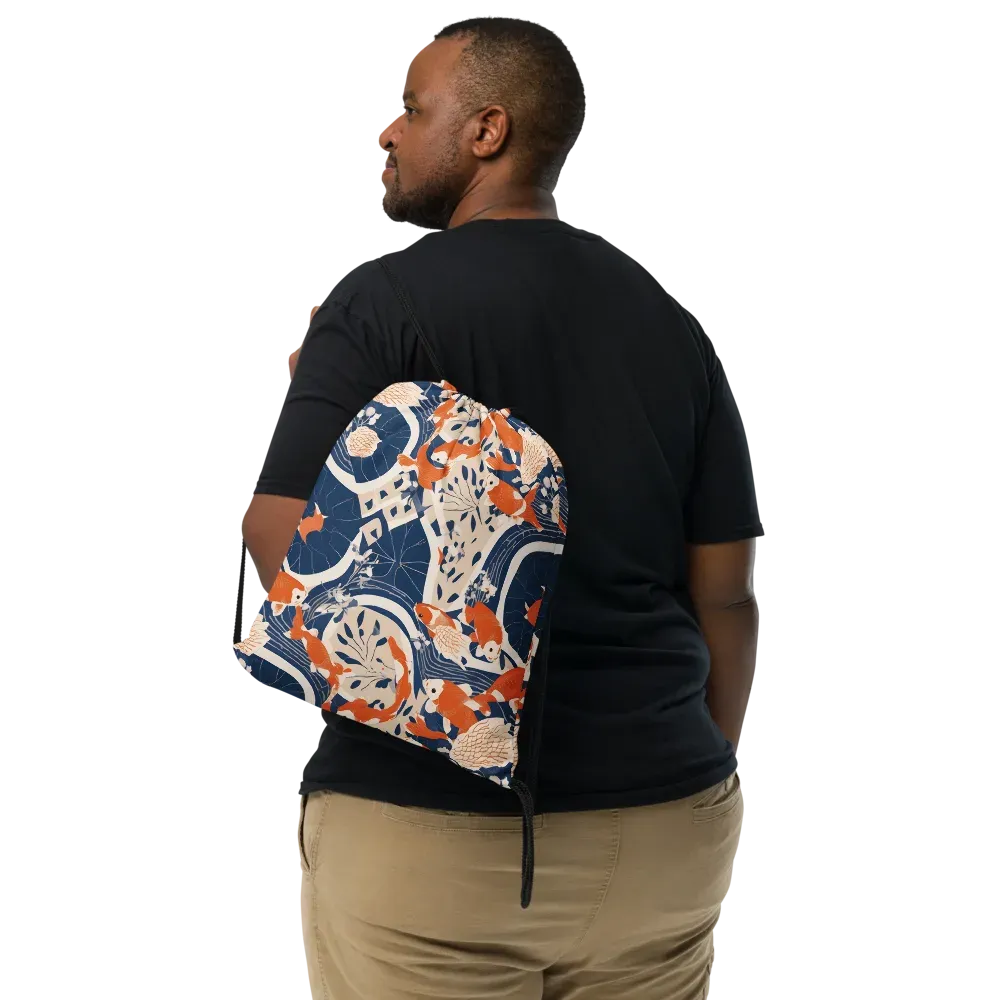 Indigo Koi Garden on Drawstring Bag — Front
