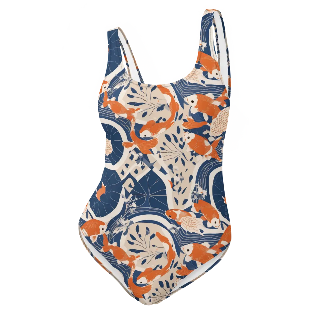 Indigo Koi Garden on One-Piece Swimsuit — Front