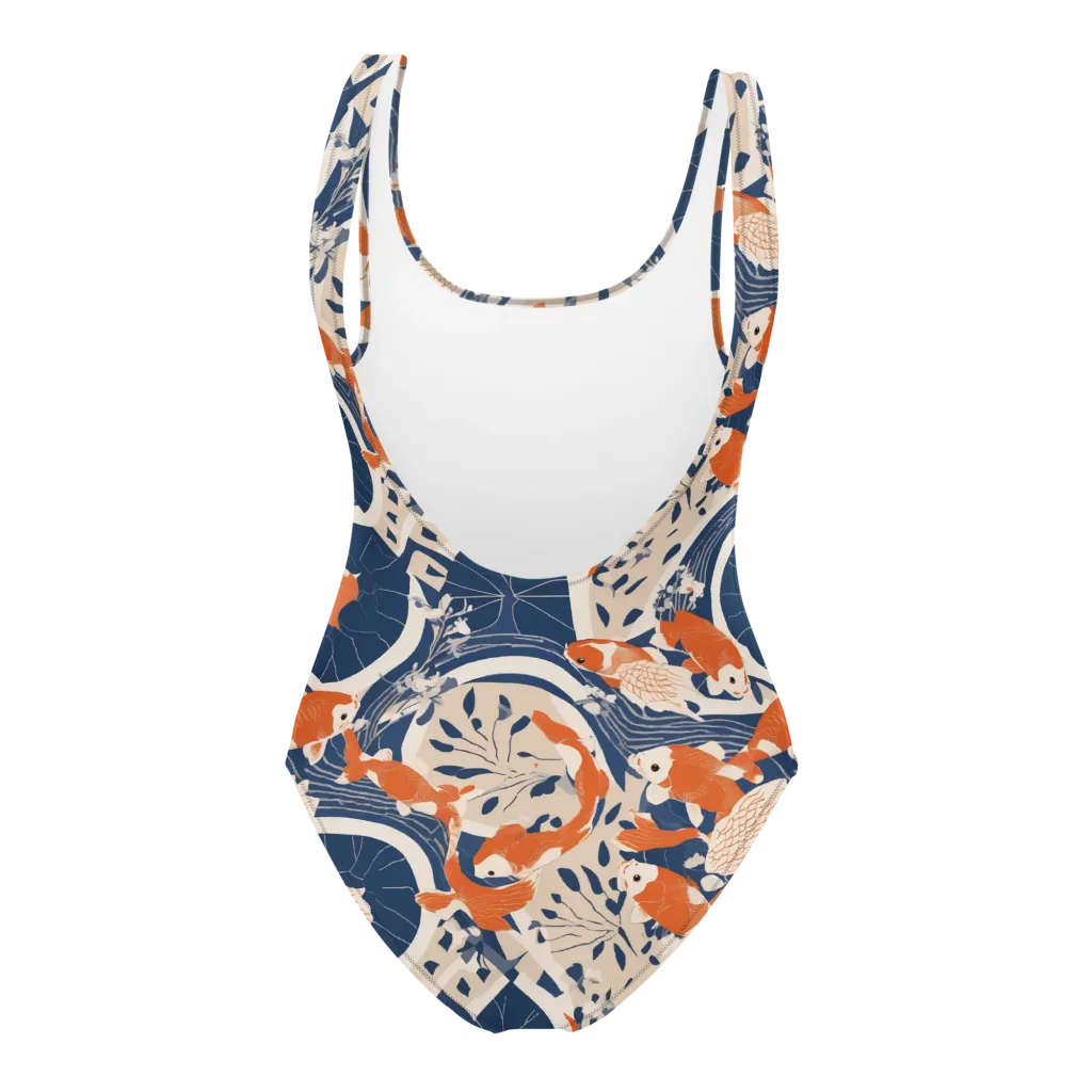 Indigo Koi Garden on One-Piece Swimsuit — Back