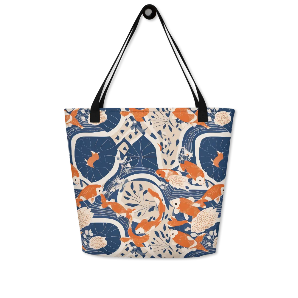 Indigo Koi Garden on Large Tote Bag W/ Pocket — Front