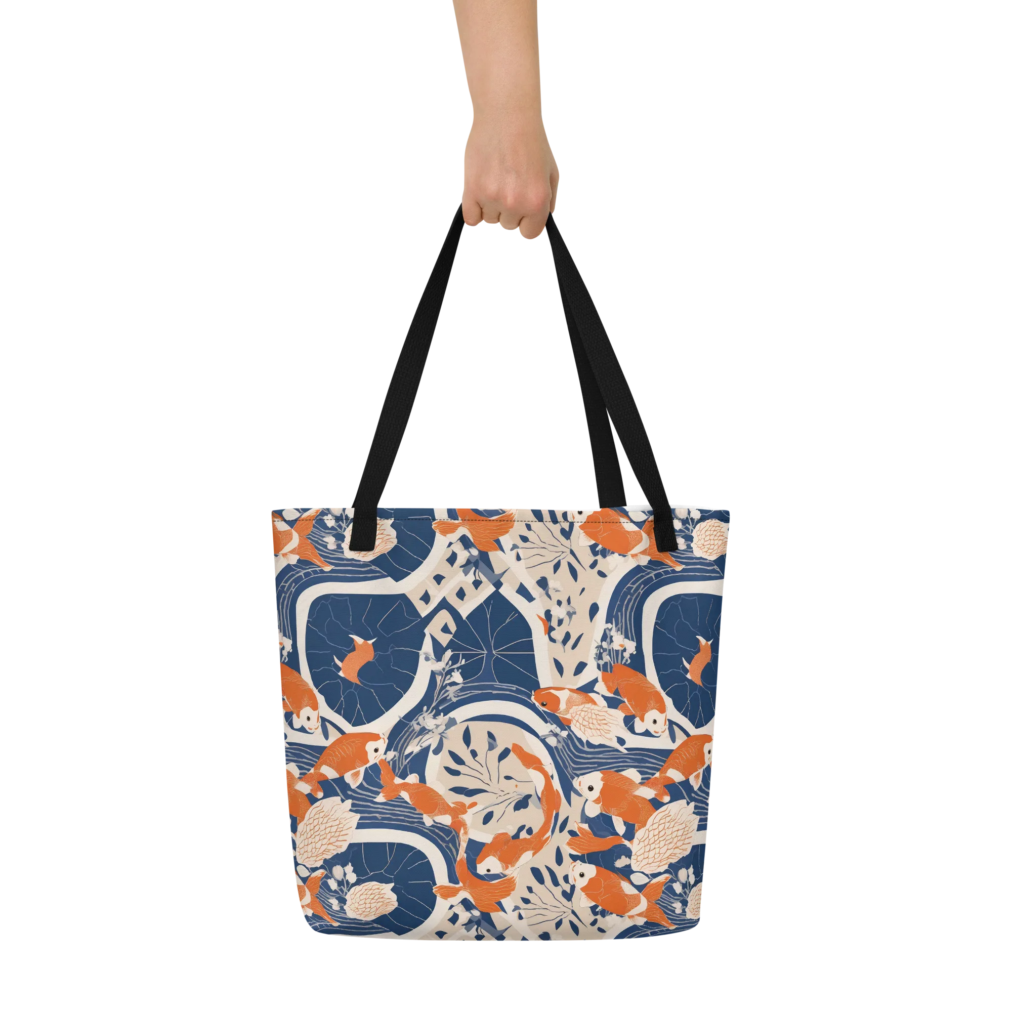 Indigo Koi Garden on Large Tote Bag W/ Pocket — Front