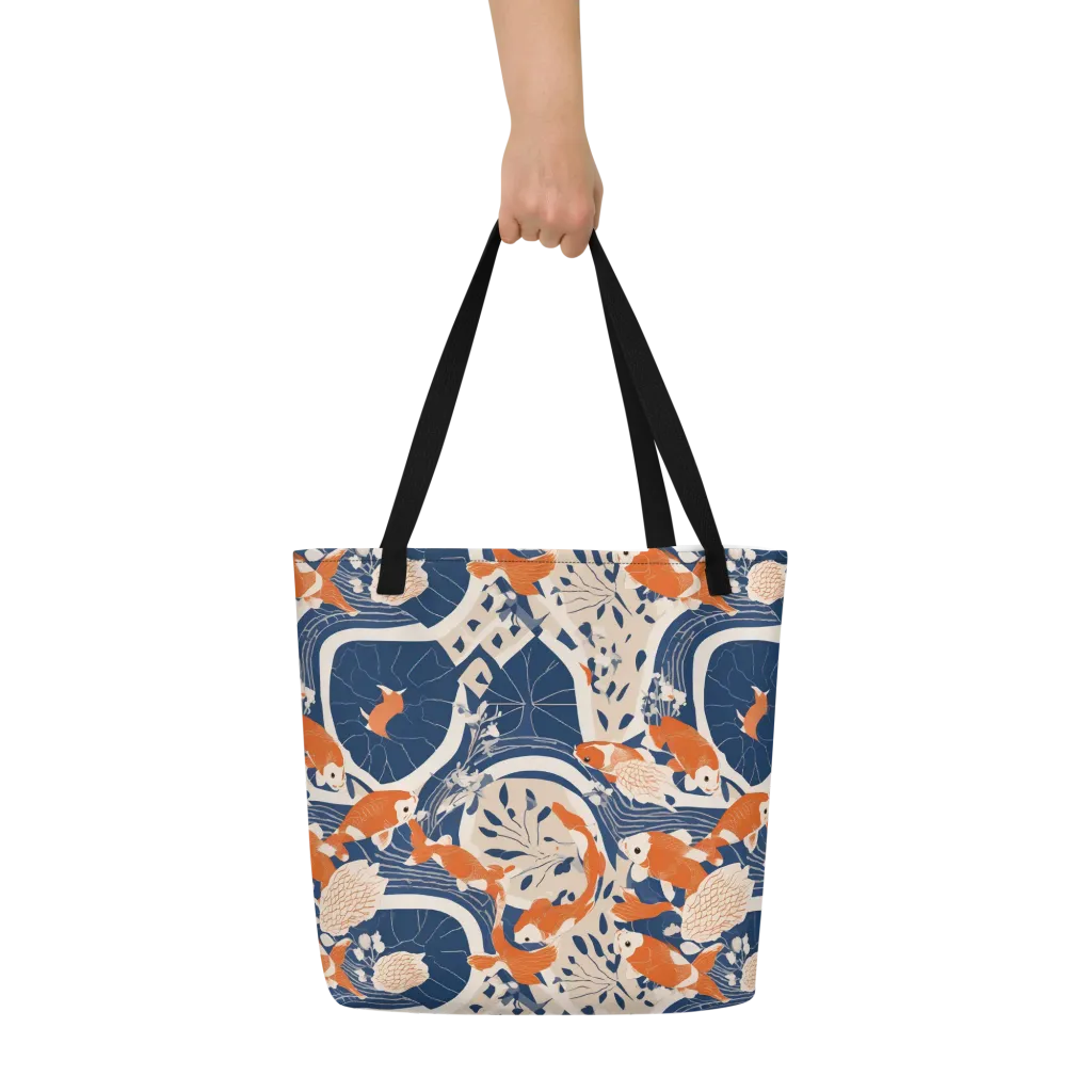 Indigo Koi Garden on Large Tote Bag W/ Pocket — Front