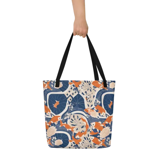 Indigo Koi Garden on a Large Tote Bag W/ Pocket