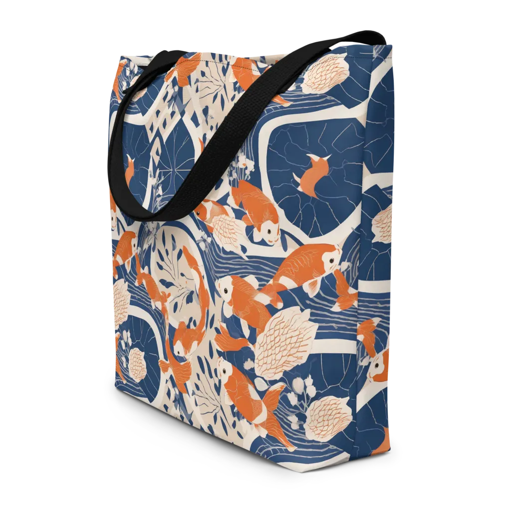 Indigo Koi Garden on Large Tote Bag W/ Pocket — Front