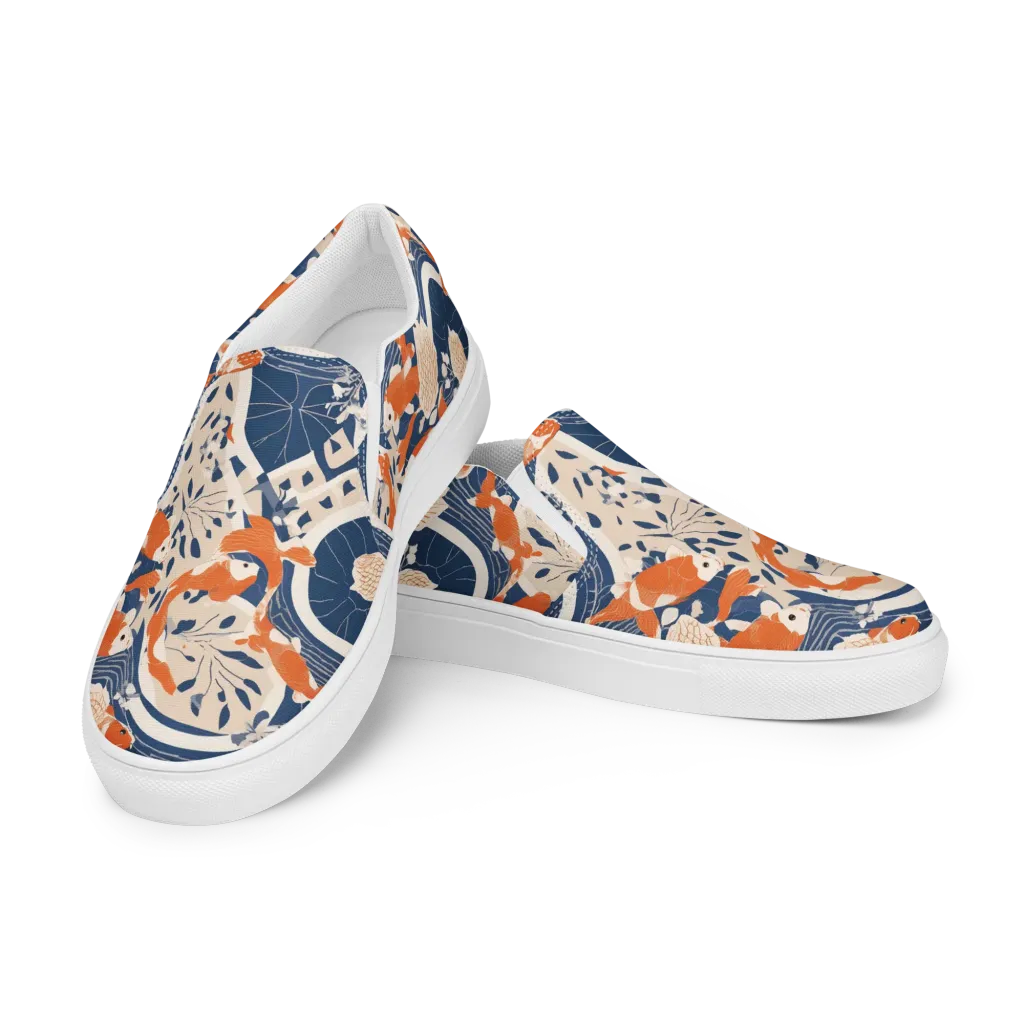 Indigo Koi Garden on Women's Slip-On Canvas Shoes — Left Front
