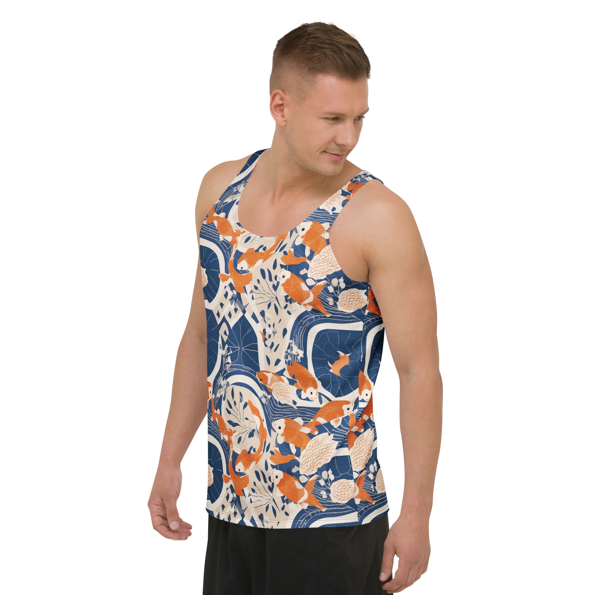 Indigo Koi Garden on Men's Tank Top — Left Front