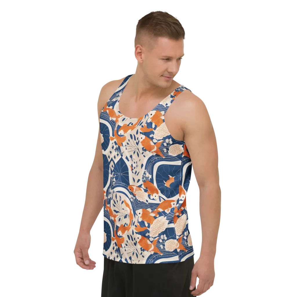 Indigo Koi Garden on Men's Tank Top — Left Front