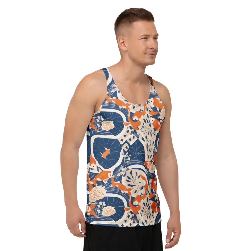 Indigo Koi Garden on Men's Tank Top — Right Front