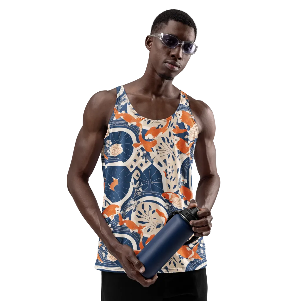 Indigo Koi Garden on Men's Tank Top — Front