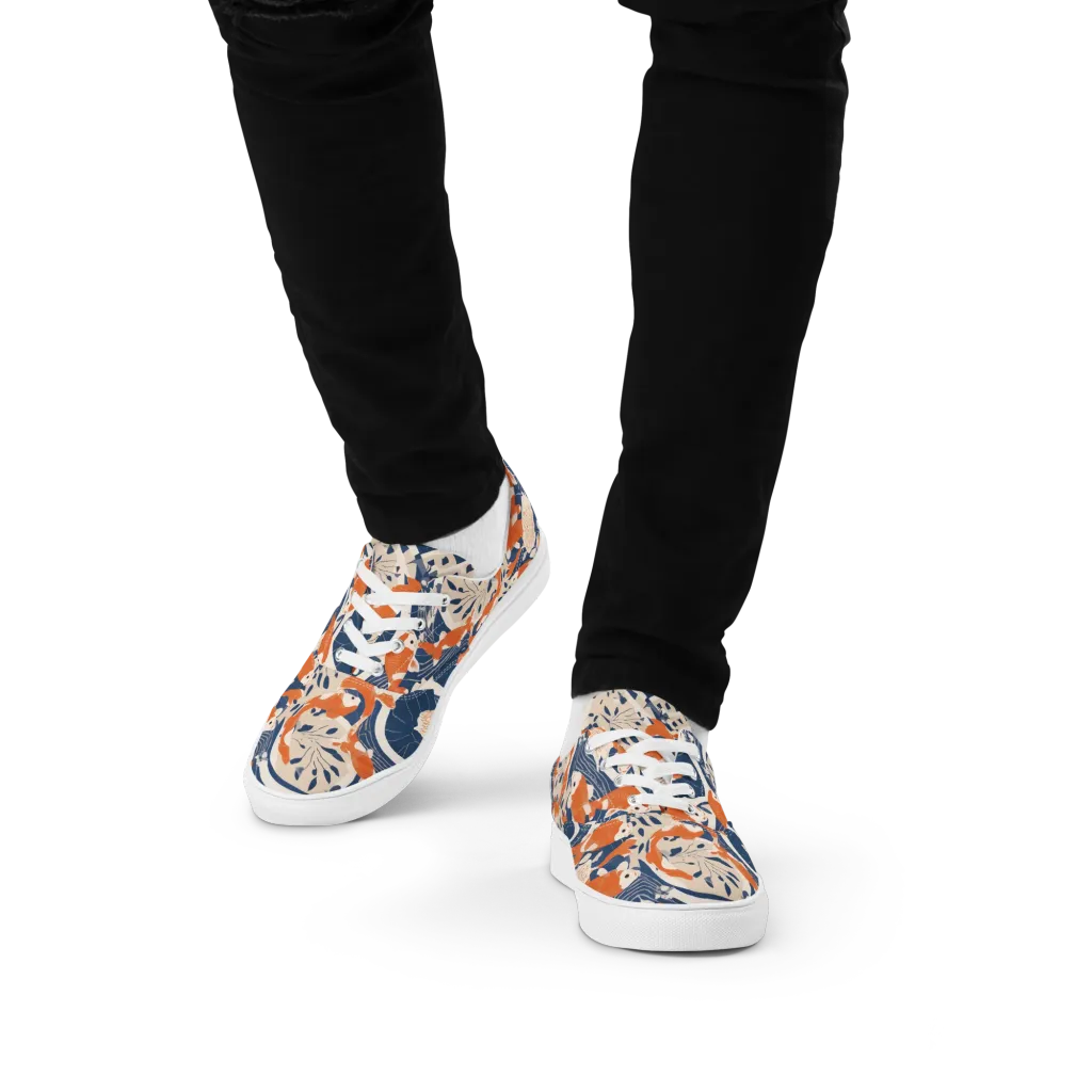 Indigo Koi Garden on Men's Lace-Up Canvas Shoes — Front