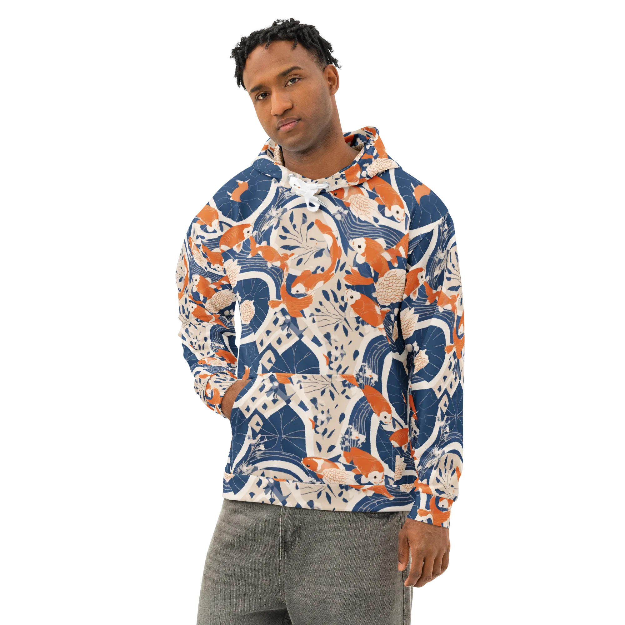 Indigo Koi Garden on Cotton Hoodie — Left Front