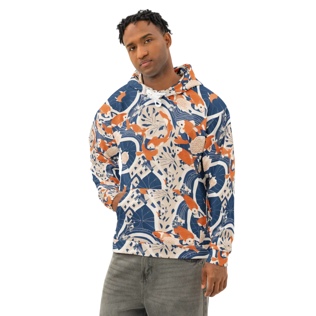 Indigo Koi Garden on Cotton Hoodie — Left Front