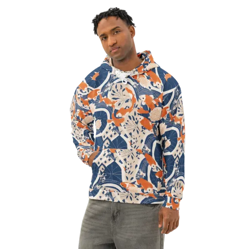 Indigo Koi Garden on a Cotton Hoodie