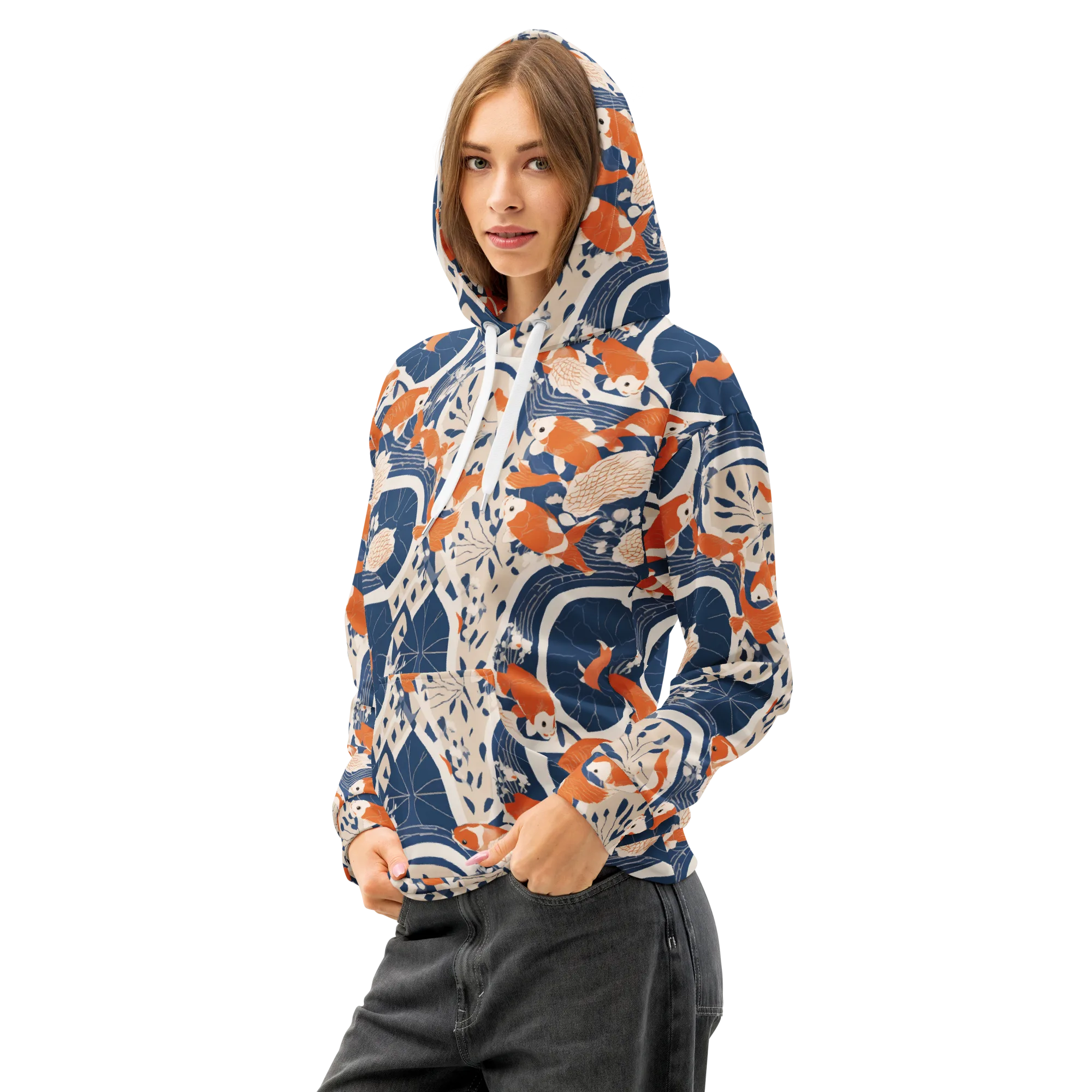 Indigo Koi Garden on Cotton Hoodie — Left Front