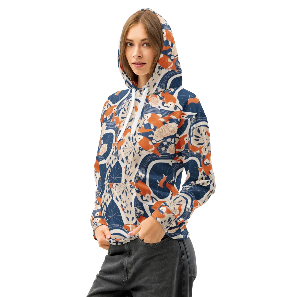 Indigo Koi Garden on Cotton Hoodie — Left Front
