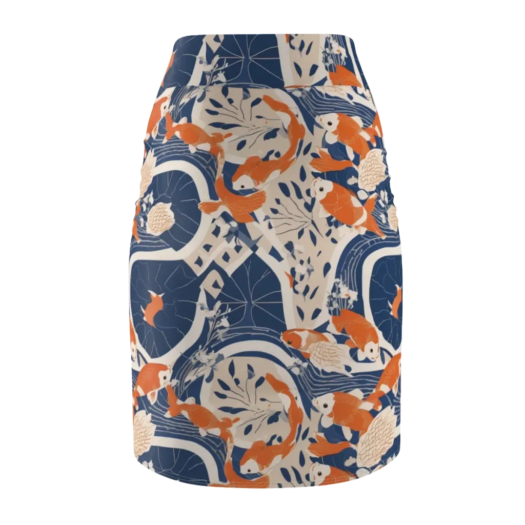 Indigo Koi Garden on Pencil Skirt — Back