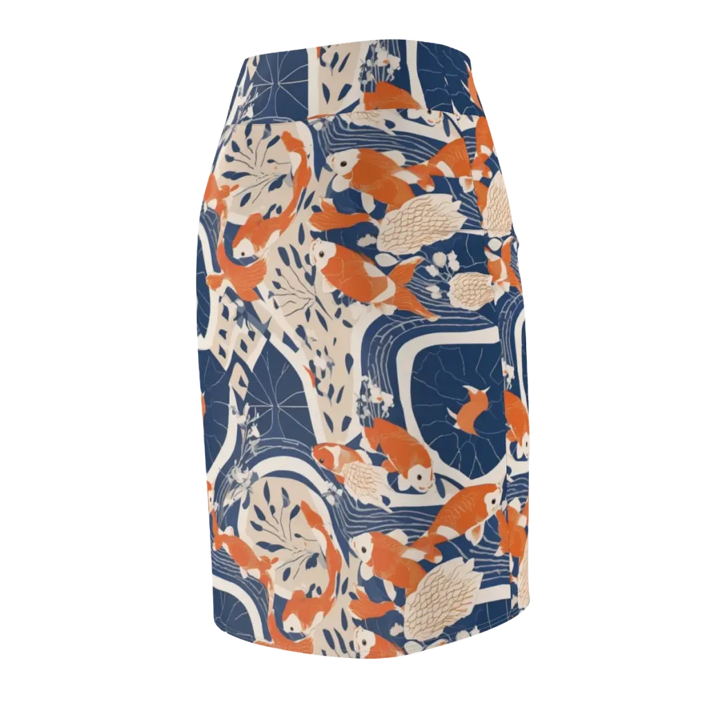 Indigo Koi Garden on Pencil Skirt — Back Side