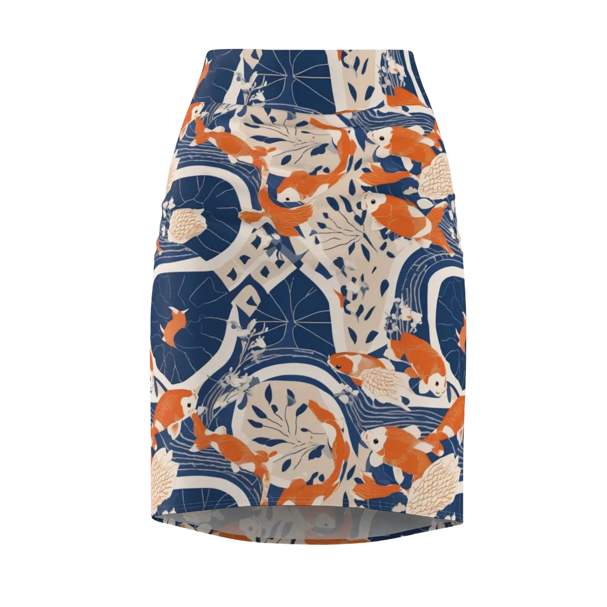 Indigo Koi Garden on Pencil Skirt — Front
