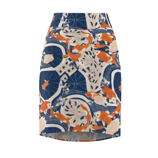 Indigo Koi Garden on a Pencil Skirt