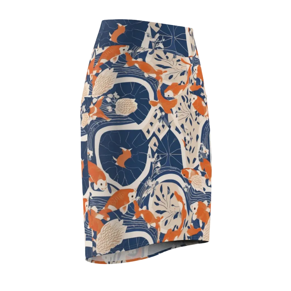Indigo Koi Garden on Pencil Skirt — Front Side