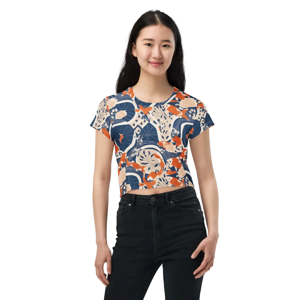 Indigo Koi Garden on Crop Tee — Front