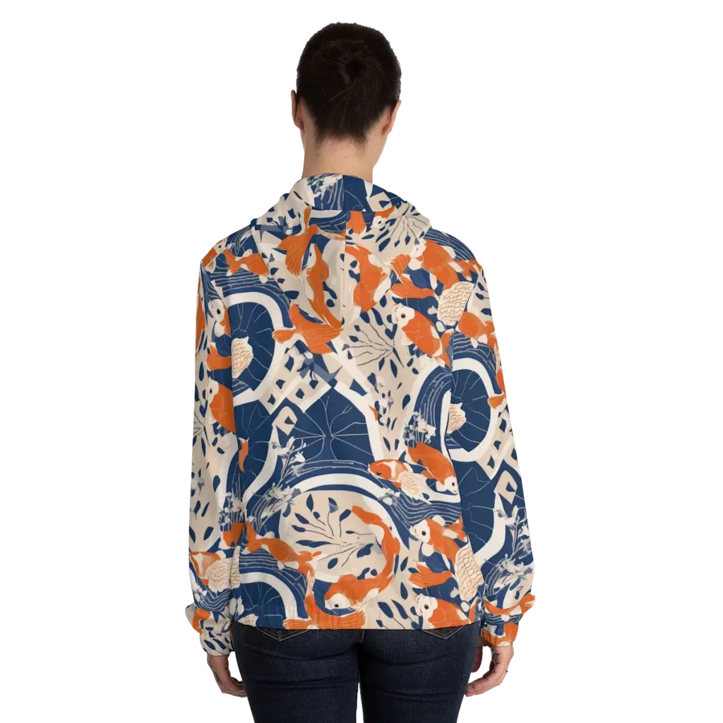 Indigo Koi Garden on Women's Full-Zip Hoodie — Back On Person