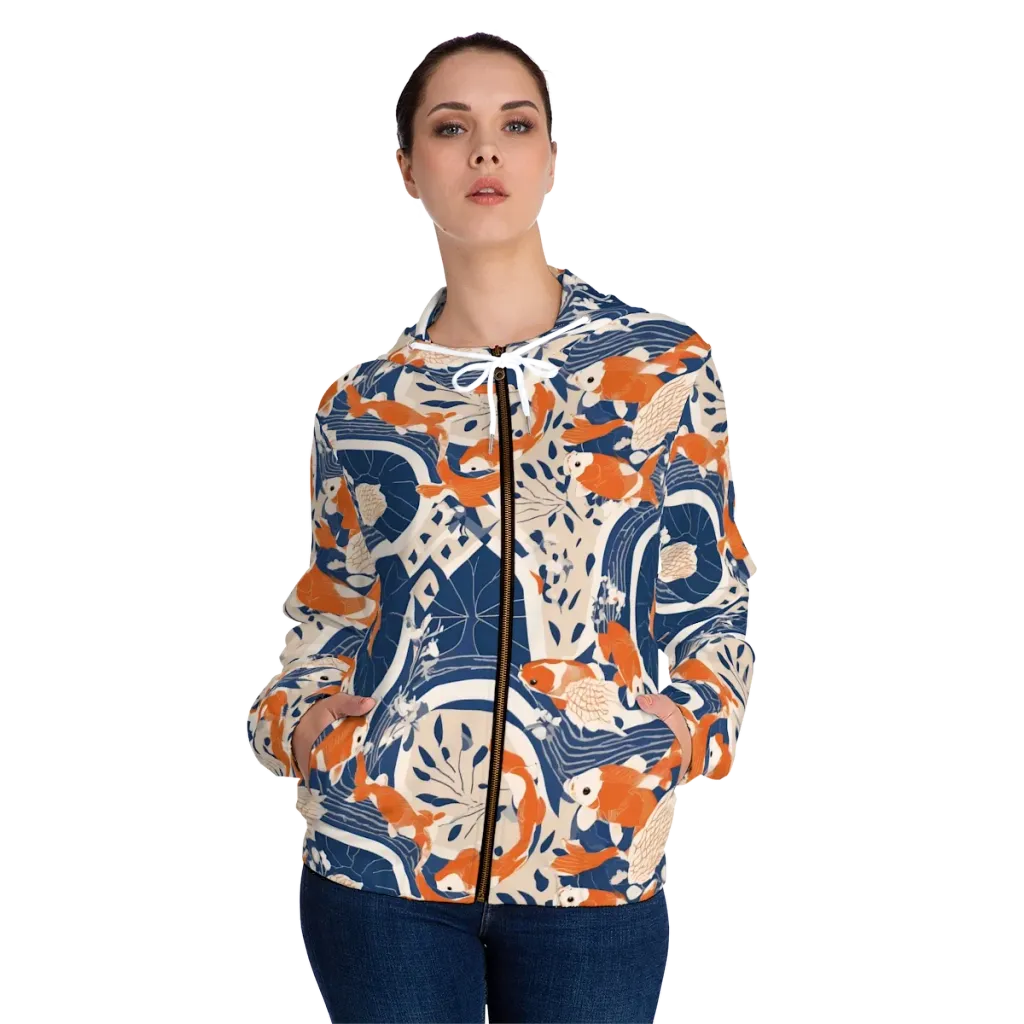 Indigo Koi Garden on Women's Full-Zip Hoodie — Front On Person