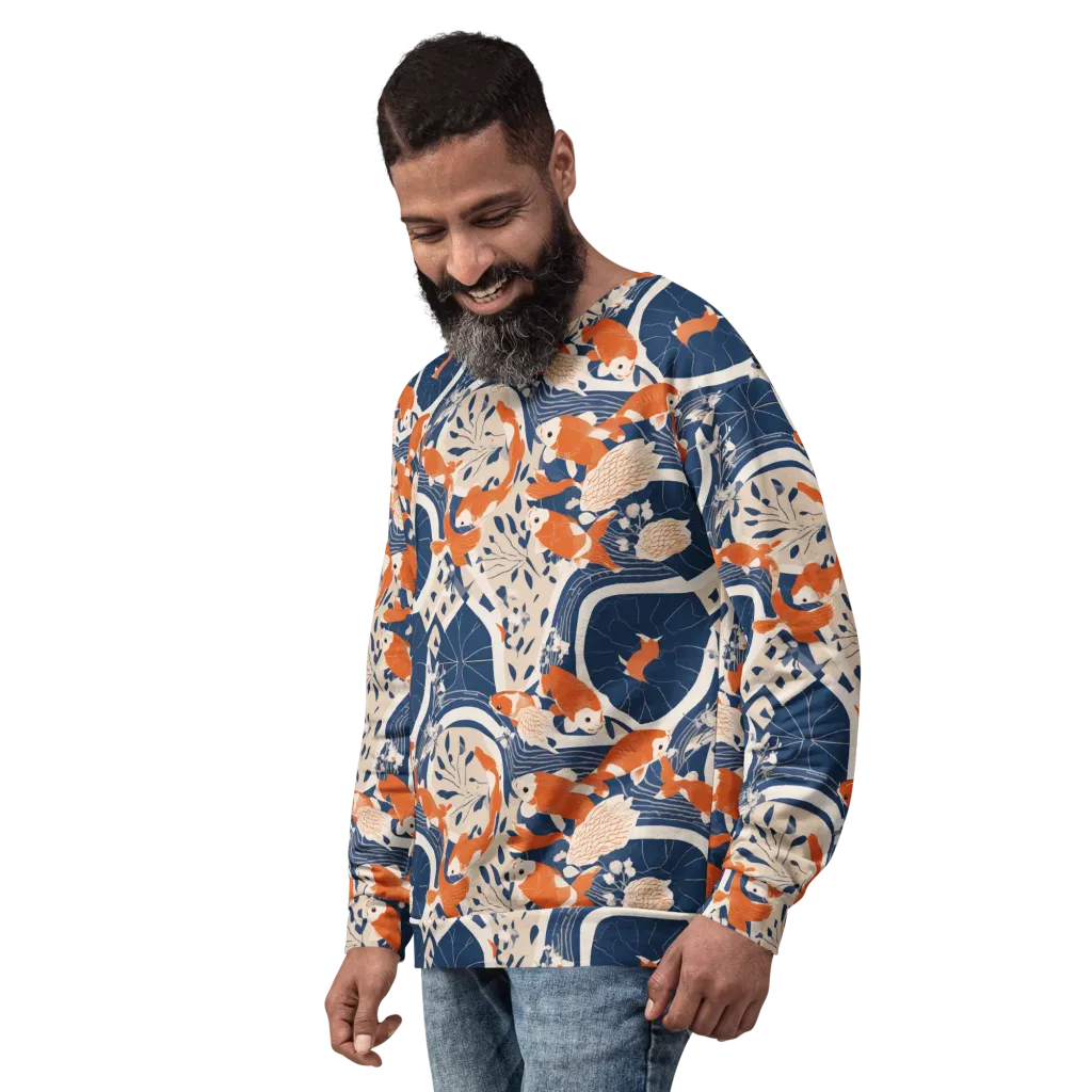 Indigo Koi Garden on Sweatshirt — Left Front