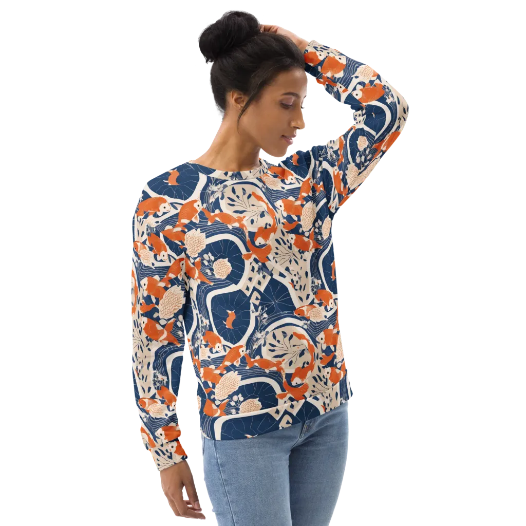 Indigo Koi Garden on Sweatshirt — Right Front