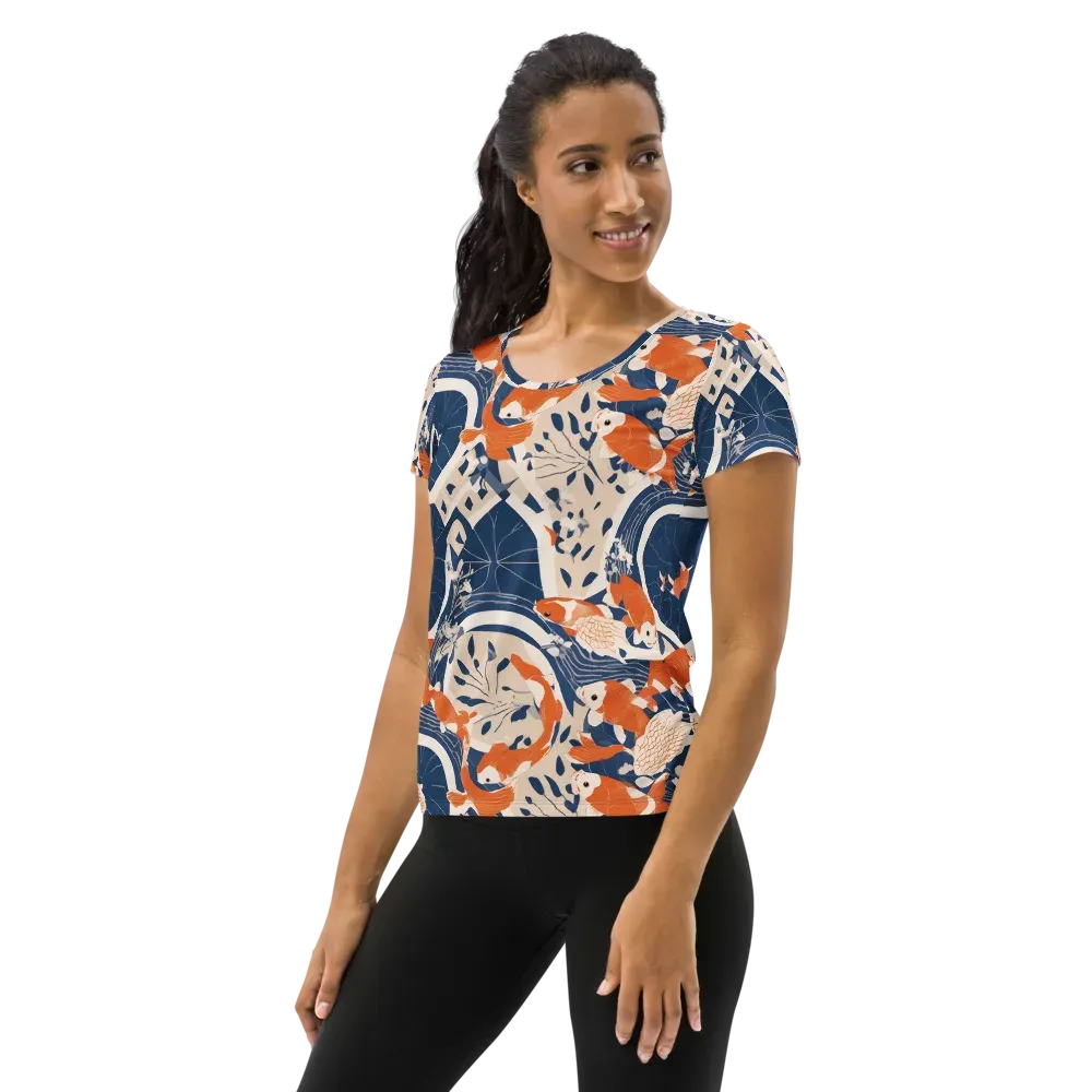 Indigo Koi Garden on Women's Athletic T-Shirt — Left