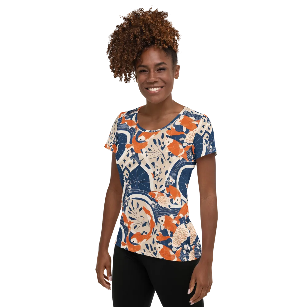 Indigo Koi Garden on Women's Athletic T-Shirt — Left