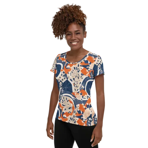 Indigo Koi Garden on a Women's Athletic T-Shirt