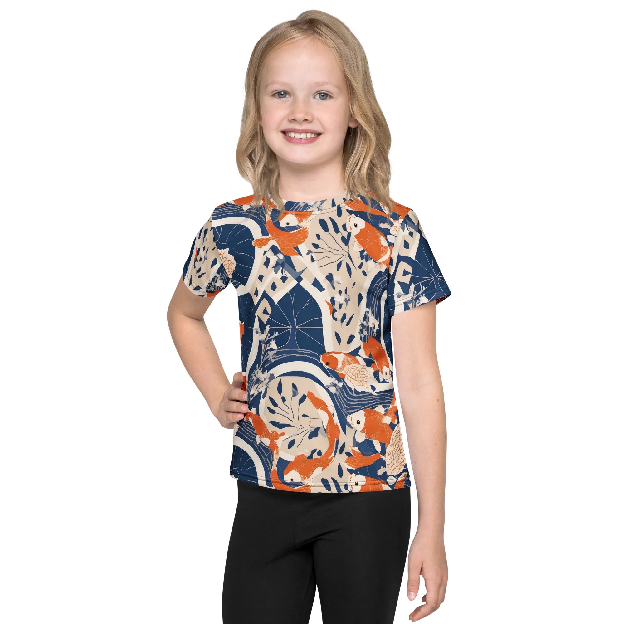 Indigo Koi Garden on Kids Crew Neck T-Shirt — Front