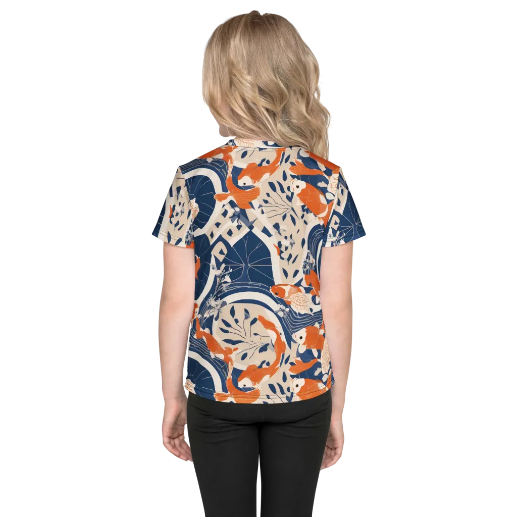 Indigo Koi Garden on Kids Crew Neck T-Shirt — Back