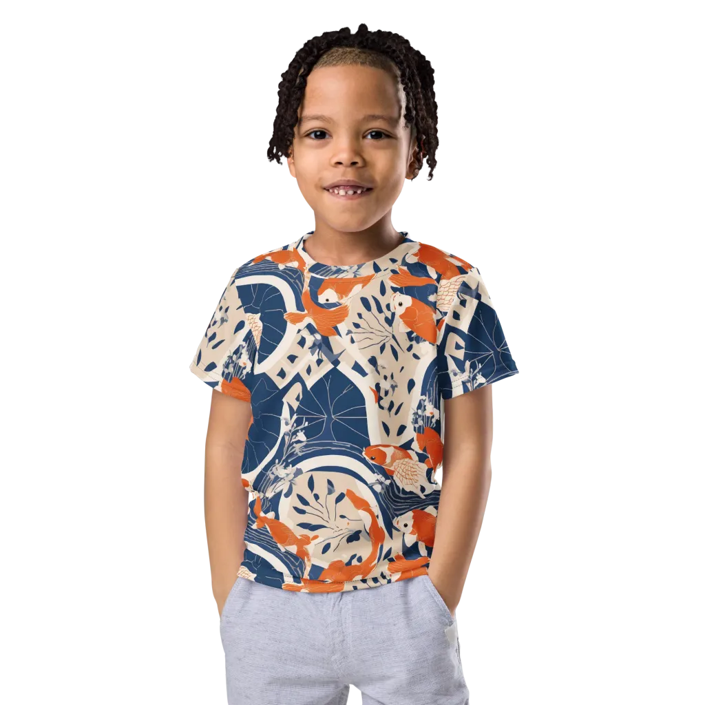 Indigo Koi Garden on Kids Crew Neck T-Shirt — Front