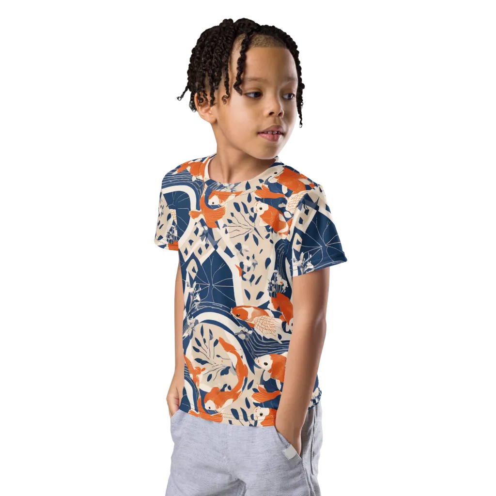 Indigo Koi Garden on Kids Crew Neck T-Shirt — Left Front