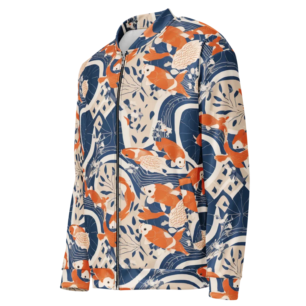 Indigo Koi Garden on Bomber Jacket — Left Front
