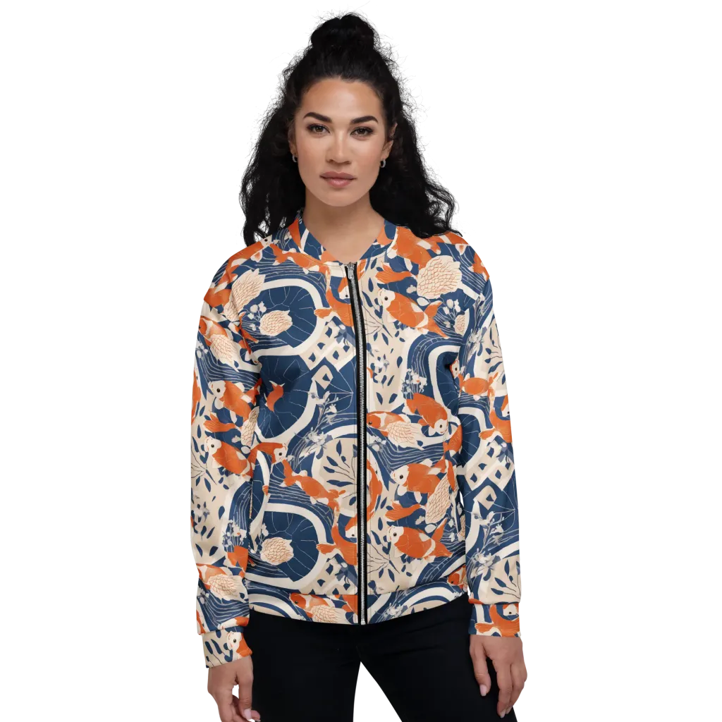 Indigo Koi Garden on Bomber Jacket — Front