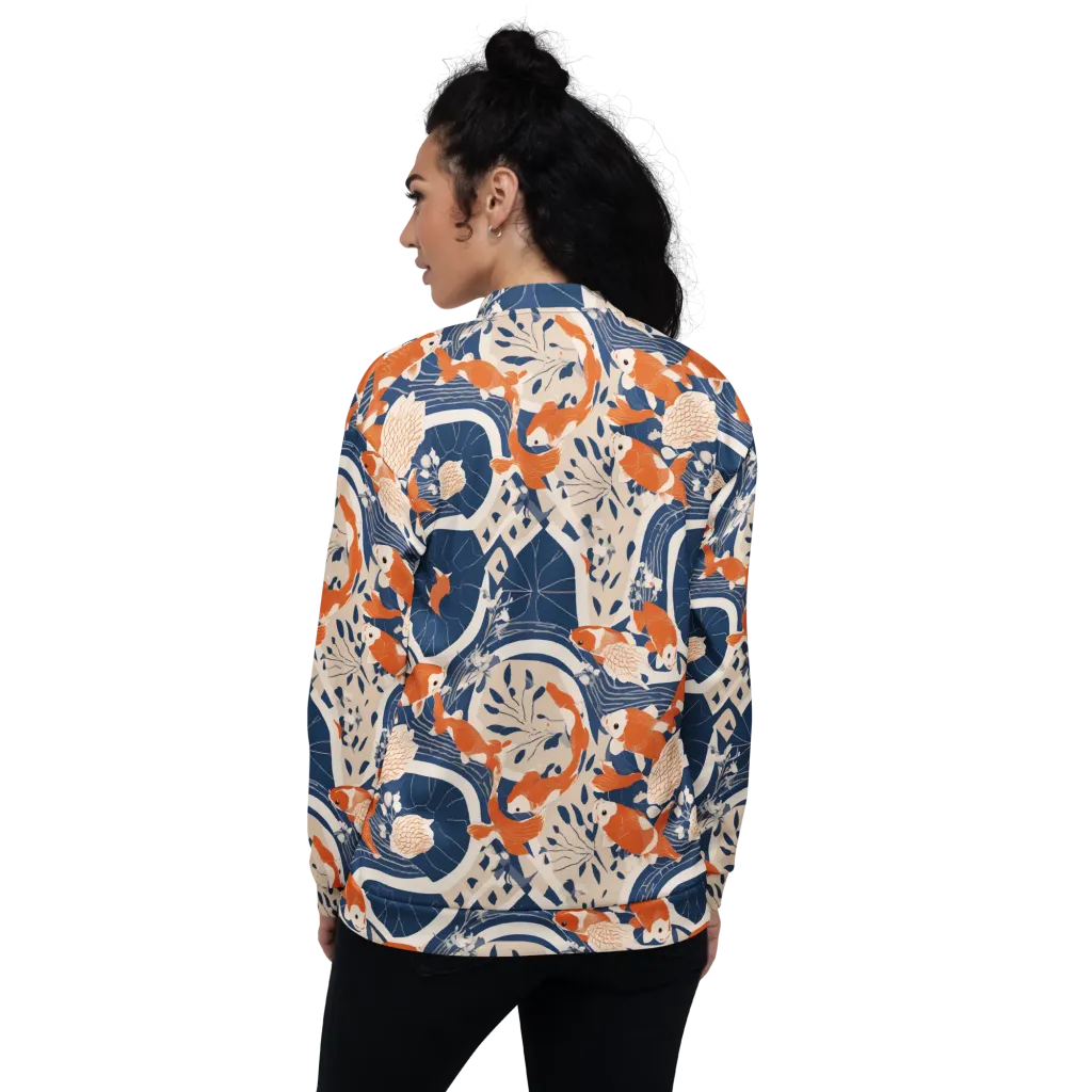 Indigo Koi Garden on Bomber Jacket — Back