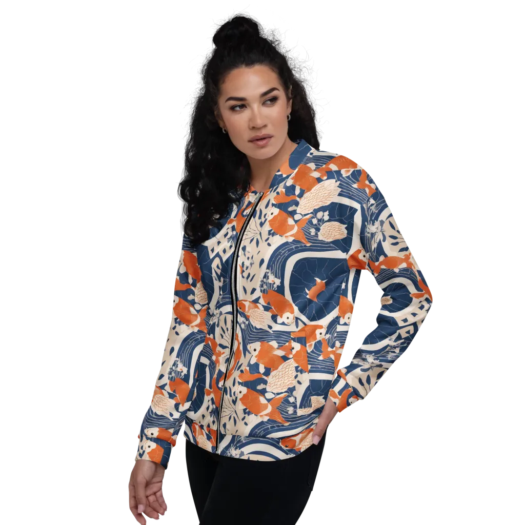 Indigo Koi Garden on Bomber Jacket — Left