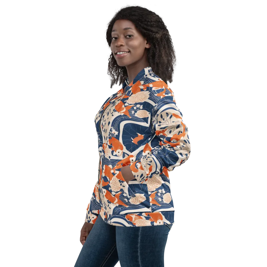 Indigo Koi Garden on Bomber Jacket — Left