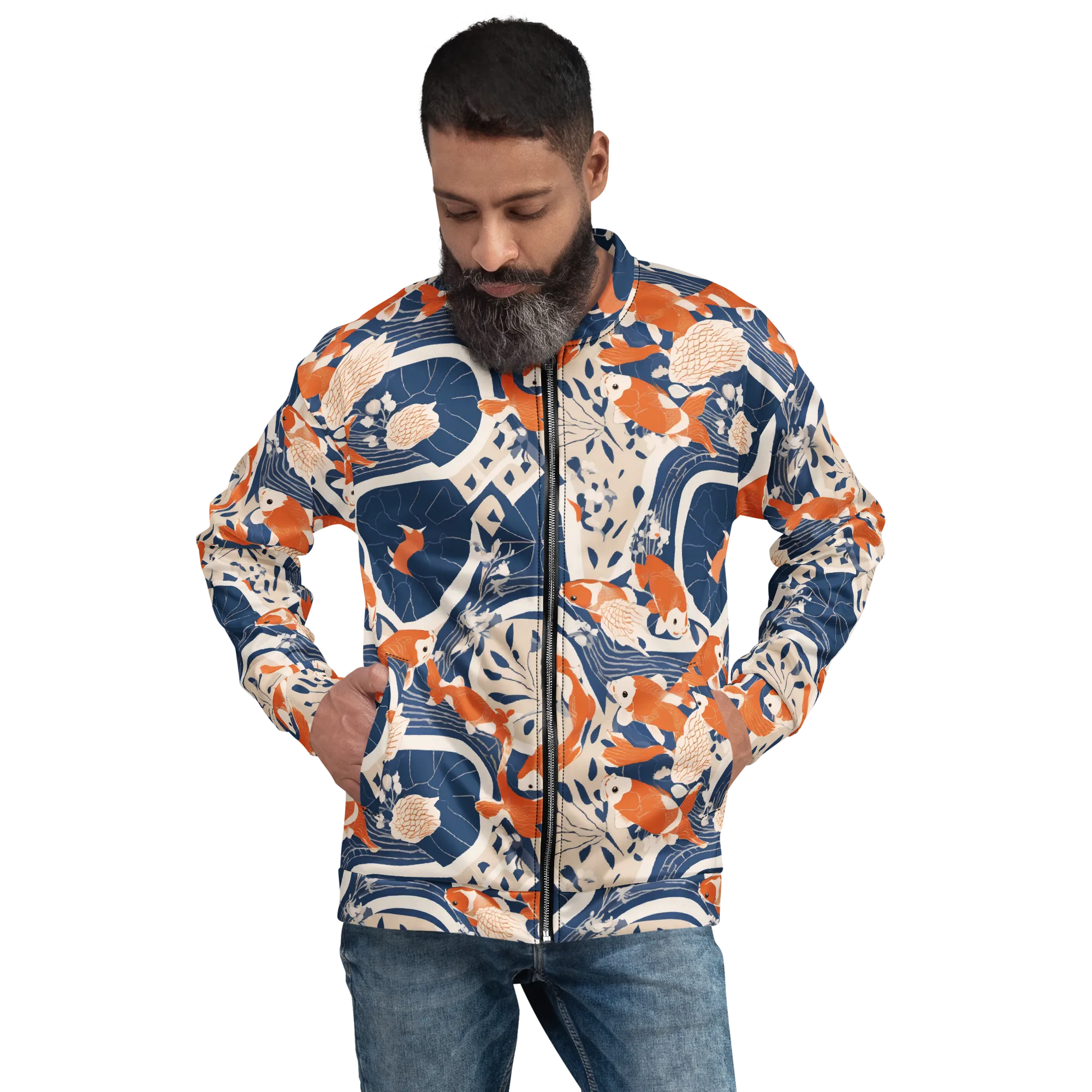 Indigo Koi Garden on Bomber Jacket — Front