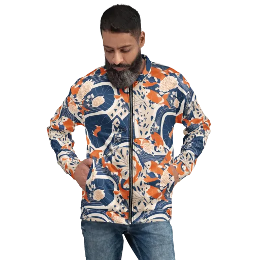 Indigo Koi Garden on a Bomber Jacket