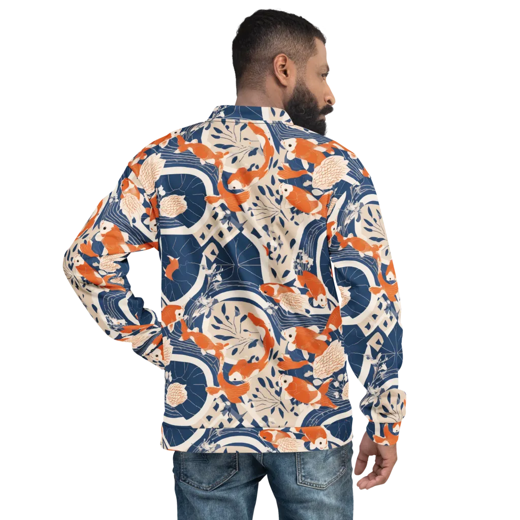 Indigo Koi Garden on Bomber Jacket — Back