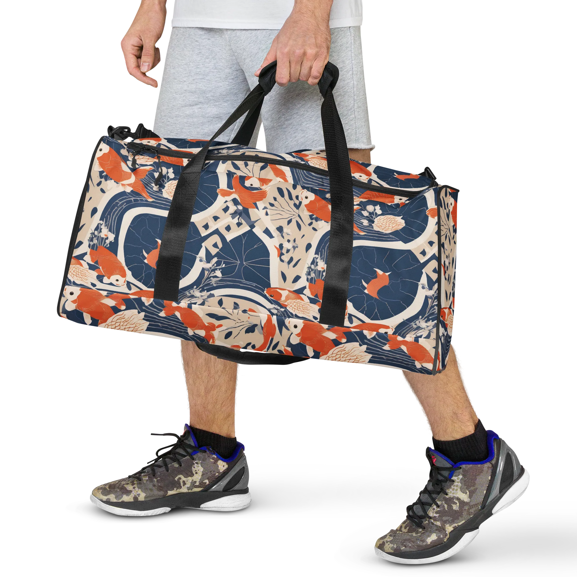 Indigo Koi Garden on Duffle Bag — Front